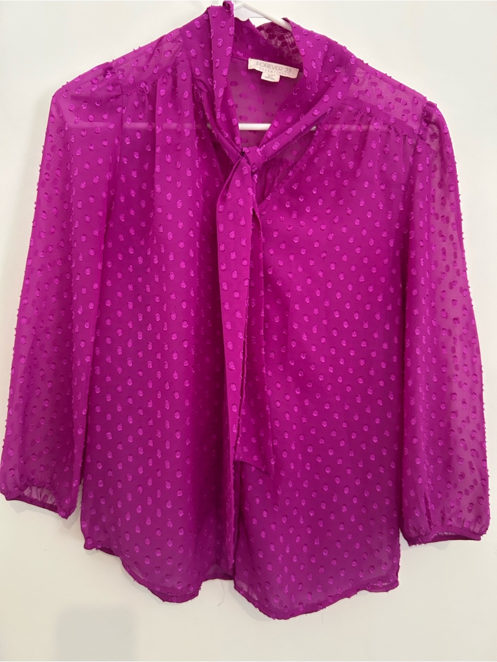 Forever 21 Magenta Swiss Dot Tie-Neck Blouse